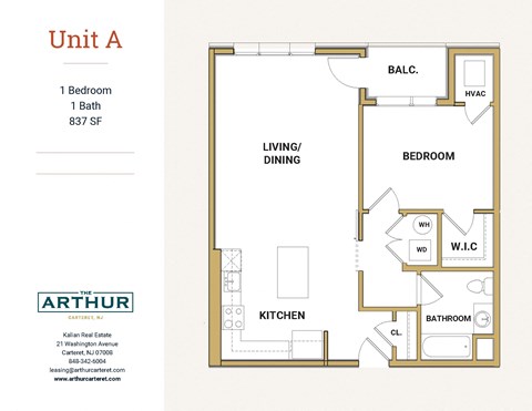 Floor plan for 1 bed, 1 bath, 837 sqft